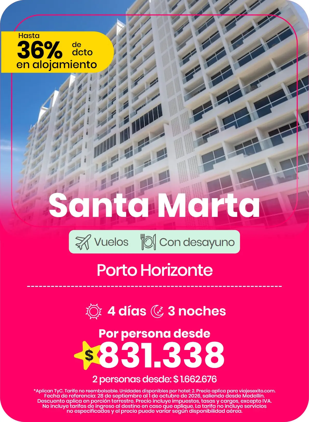 Paquete a Santa Marta: Porto Horizonte, con desayuno, 4 días y 3 noches con vuelos, por persona desde $831.338.
