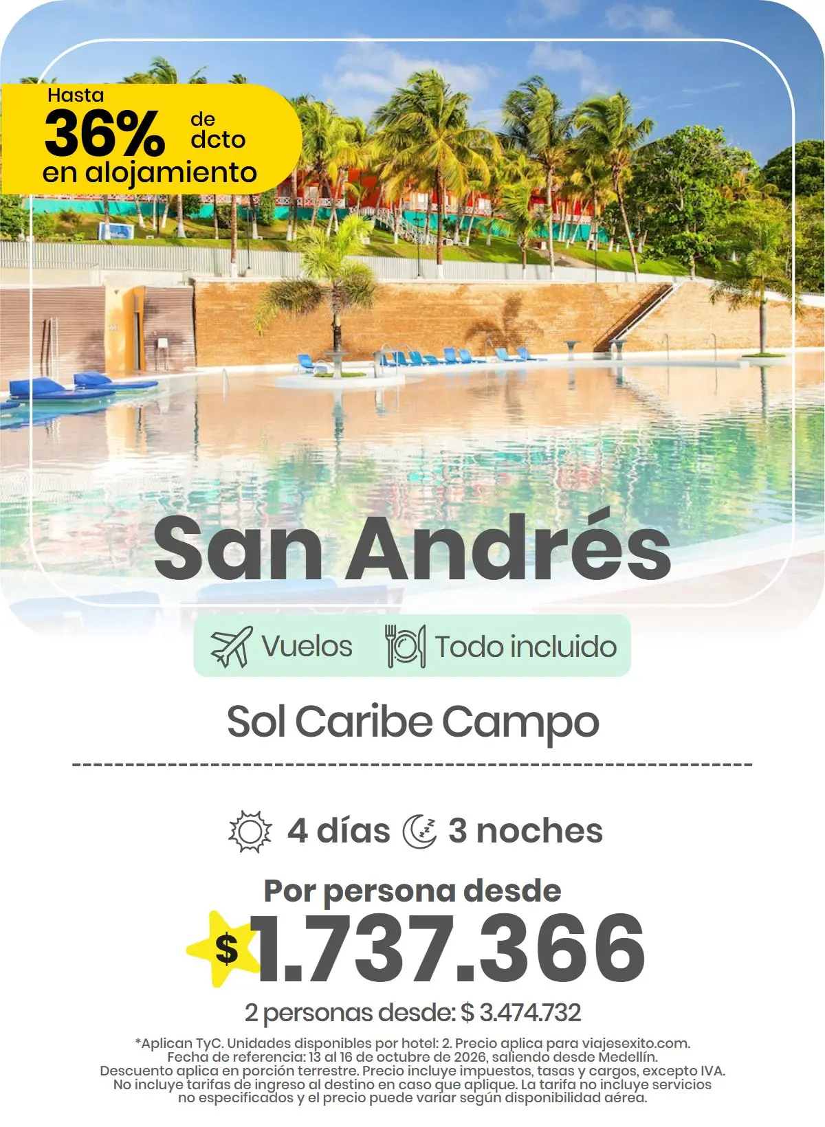 Paquete a San Andrés: Sol Caribe Campo, todo incluido, 4 días y 3 noches con vuelos, por persona desde $1.737.366.