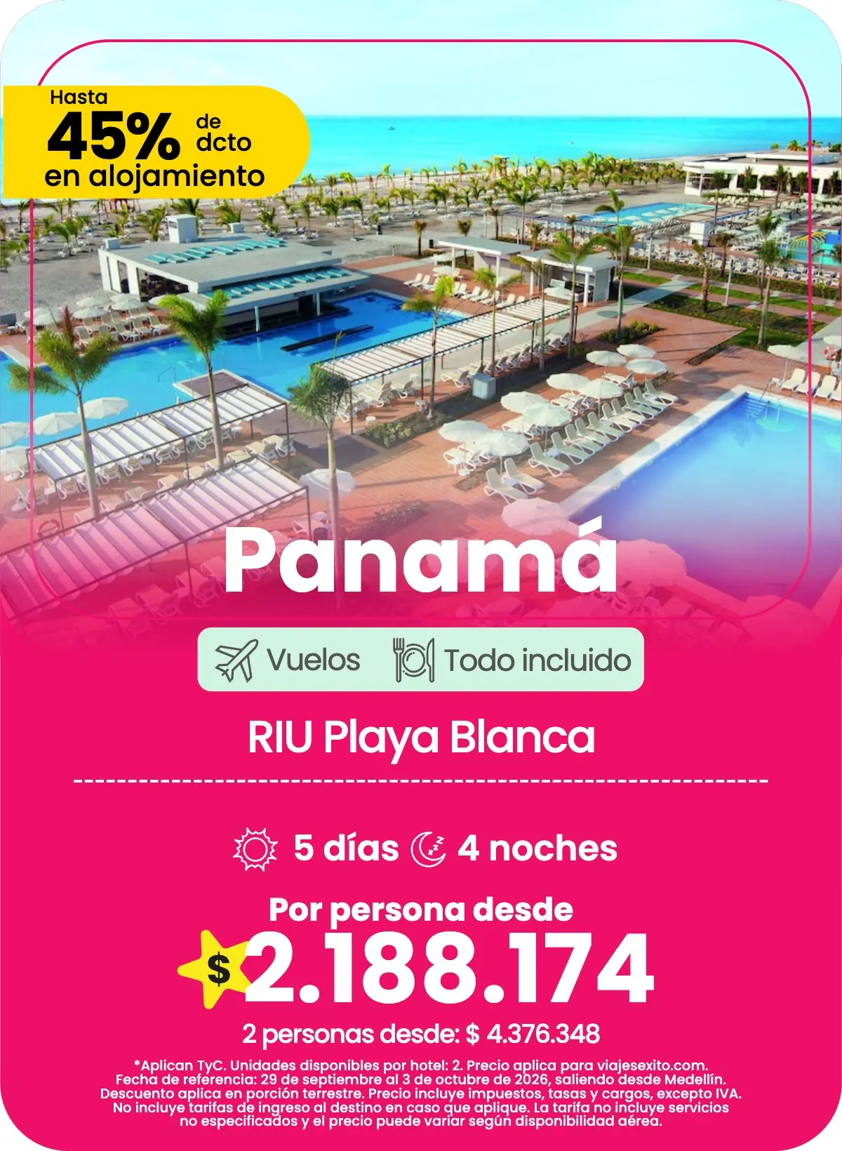 Paquete a Panamá: RIU Playa Blanca, todo incluido, 5 días y 4 noches con vuelos, por persona desde $2.188.174.