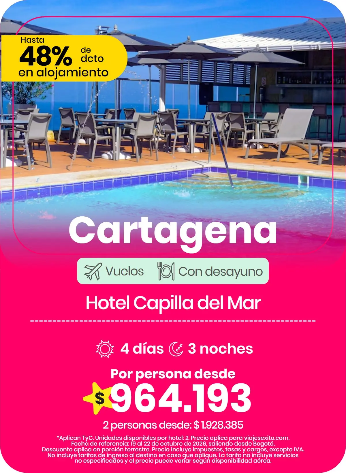 Paquete a Cartagena: Hotel Capilla del Mar, con desayuno, 4 días y 3 noches con vuelos, por persona desde $964.193.