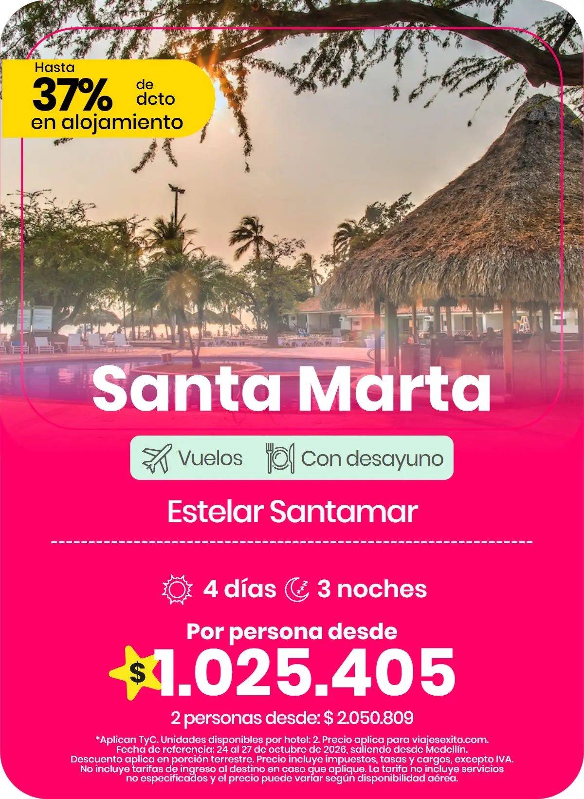 Paquete a Santa Marta: Estelar Santamar, con desayuno, 4 días y 3 noches con vuelos, por persona desde $1.025.405.