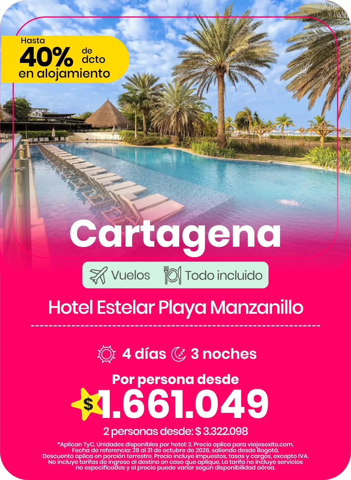 Paquete a Cartagena: Hotel Estelar Playa Manzanillo, todo incluido, 4 días y 3 noches con vuelos, por persona desde $1.661.049.