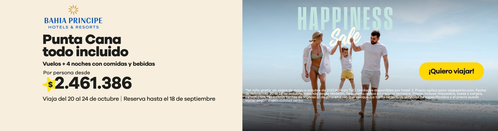 Familia caminando por la playa en Punta Cana. Happiness Sale de Bahia Principe: vuelos más 4 noches todo incluido con comidas y bebidas, por persona desde $2.461.386.
