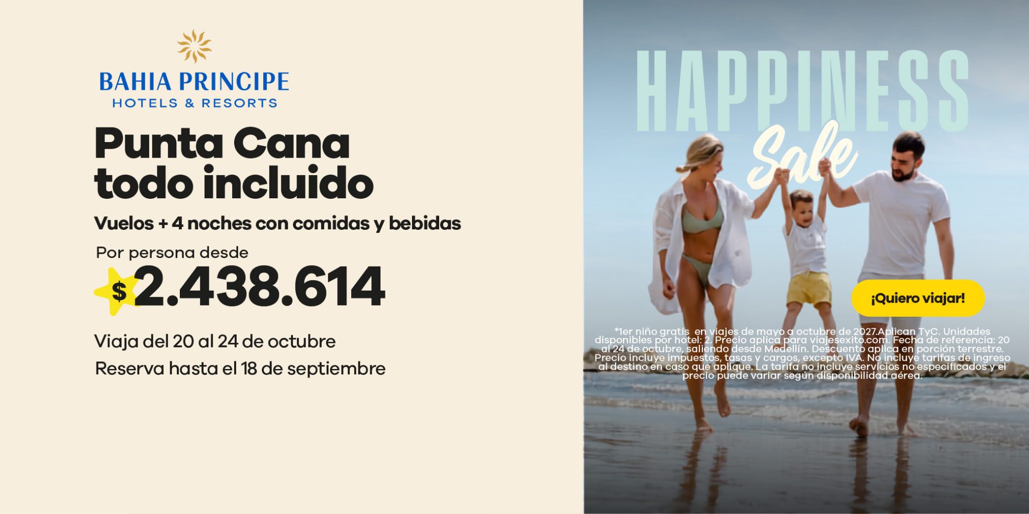 Familia caminando por la playa en Punta Cana. Happiness Sale de Bahia Principe: vuelos más 4 noches todo incluido con comidas y bebidas, por persona desde $2.438.614.