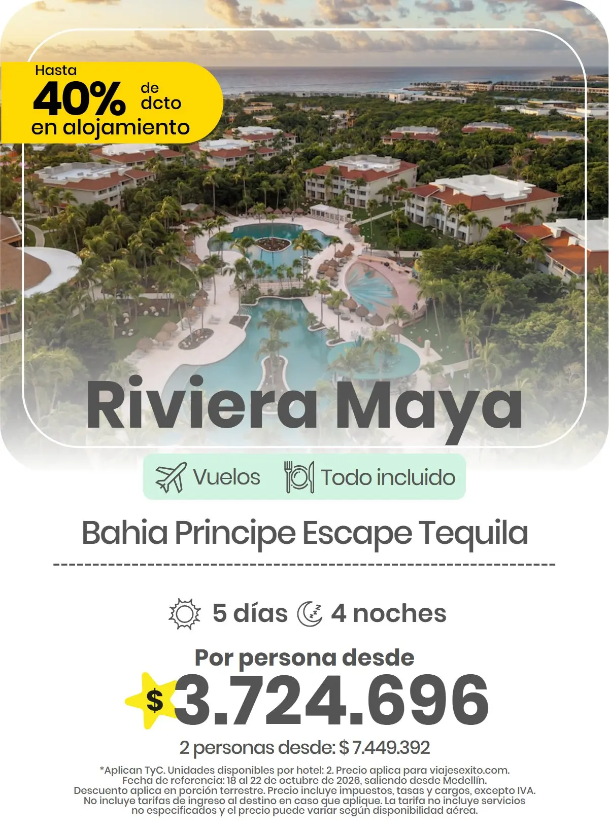 Paquete a Riviera Maya: Bahia Principe Escape Tequila, todo incluido, 5 días y 4 noches con vuelos desde Medellín, por persona desde $3.823.912.