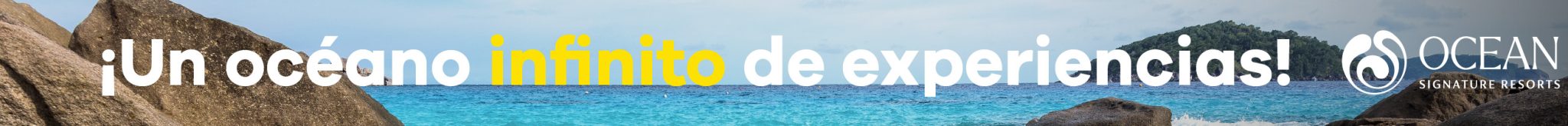 Banner de Ocean Signature Resorts sobre una playa de aguas turquesa entre rocas: ¡Un océano infinito de experiencias!