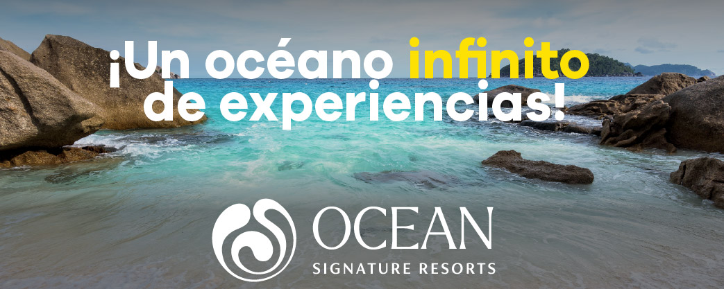 Banner de Ocean Signature Resorts sobre una playa de aguas turquesa entre rocas: ¡Un océano infinito de experiencias!