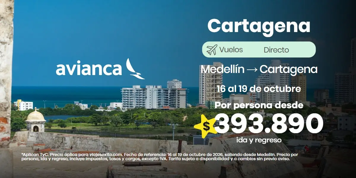 Vuelo Medellín – Cartagena con Avianca: 16 al 19 de octubre, $393.890 por persona ida y regreso