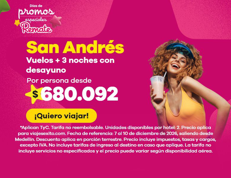 Días de promos especiales: paquete a San Andrés con desayuno incluido, vuelos y 3 noches en Zaba Beach House, por persona desde $680.092. (versión móvil)