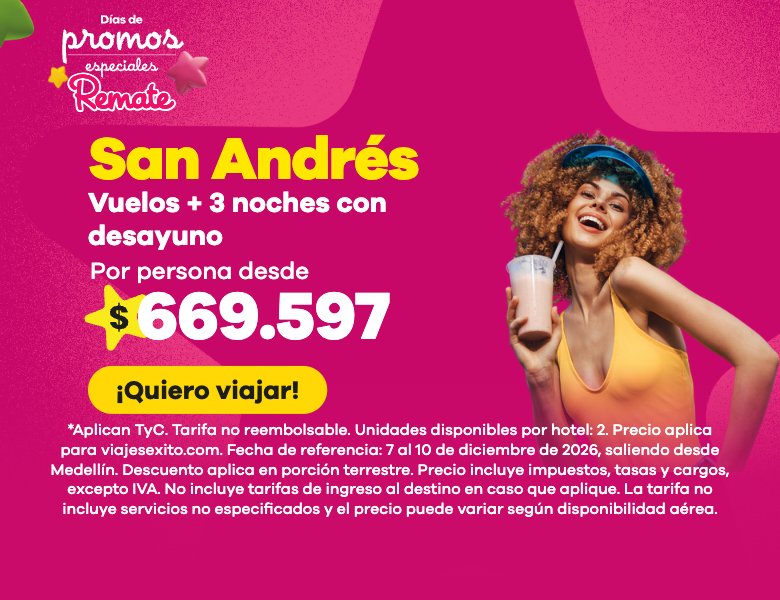 Días de promos especiales: paquete a San Andrés con desayuno incluido, vuelos y 3 noches en Zaba Beach House, por persona desde $669.597. (versión móvil)