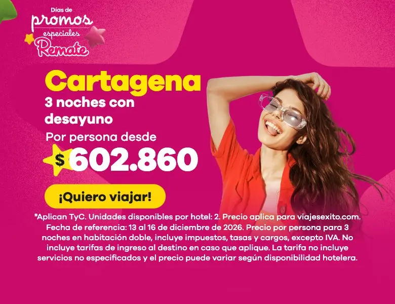 Días de promos especiales: Cartagena con desayuno incluido, 3 noches en Hotel Cartagena Plaza, por persona desde $602.860. (versión móvil)