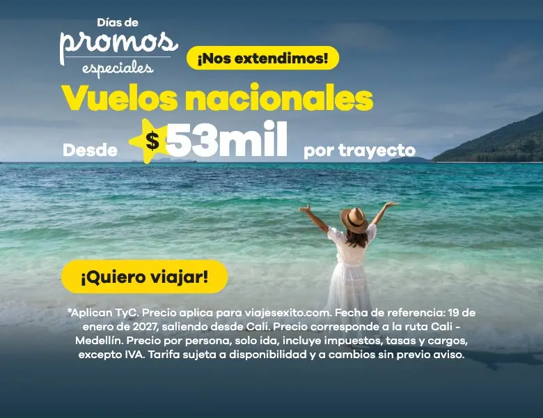 Días de promos especiales: vuelo Cali – Medellín directo, 19 de enero de 2027, por persona desde $52.360 solo ida. (versión móvil)