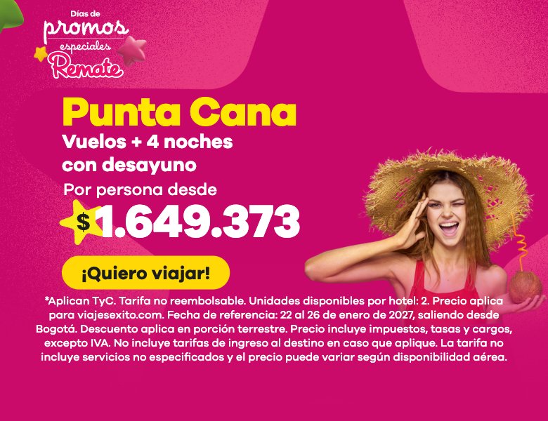Días de promos especiales: paquete a Punta Cana con desayuno incluido, vuelos y 4 noches en Hotel El Imperio Punta Cana, por persona desde $1.649.373. (versión móvil)