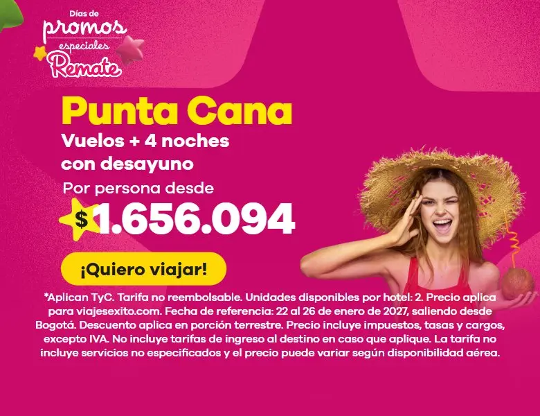 Días de promos especiales: paquete a Punta Cana con desayuno incluido, vuelos y 4 noches en Hotel El Imperio Punta Cana, por persona desde $1.656.094. (versión móvil)