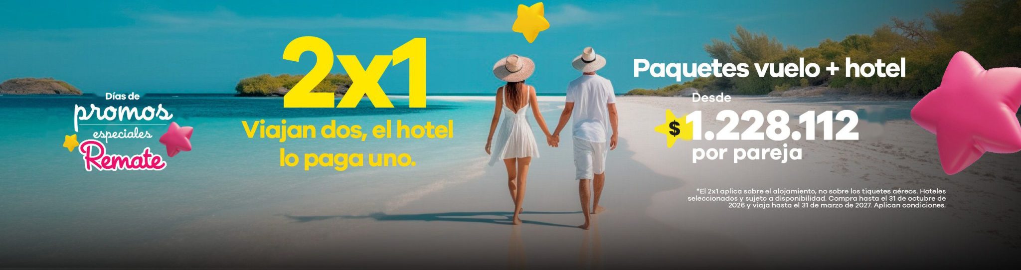 Días de promos especiales 2x1: paquetes vuelo + hotel, viajan dos y el hotel lo paga uno, desde $1.228.112 por pareja.