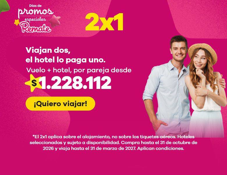 Días de promos especiales 2x1: paquetes vuelo + hotel, viajan dos y el hotel lo paga uno, desde $1.228.112 por pareja. (versión móvil)
