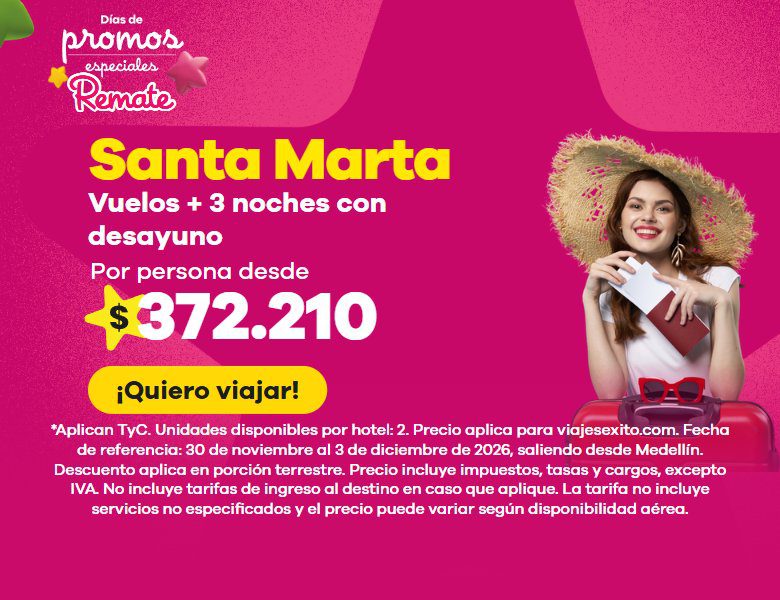 Días de promos especiales: paquete a Santa Marta con desayuno incluido, vuelos y 3 noches en Mirador Puerto Alto, por persona desde $372.210. (versión móvil)