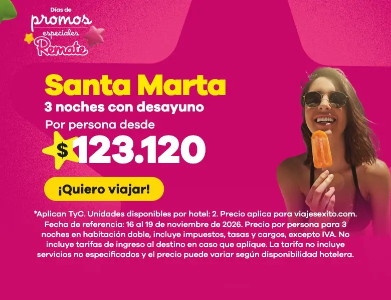 Días de promos especiales: Santa Marta con desayuno incluido, 3 noches en Mirador Puerto Alto, por persona desde $123.120. (versión móvil)