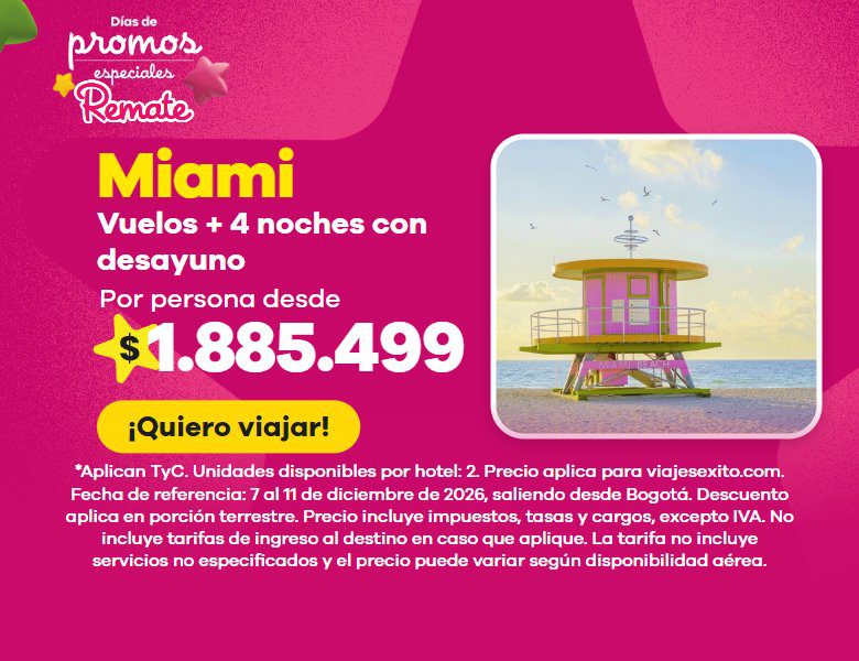 Días de promos especiales: paquete a Miami con desayuno incluido, vuelos y 4 noches en Floridian Hotel, por persona desde $1.885.499. (versión móvil)