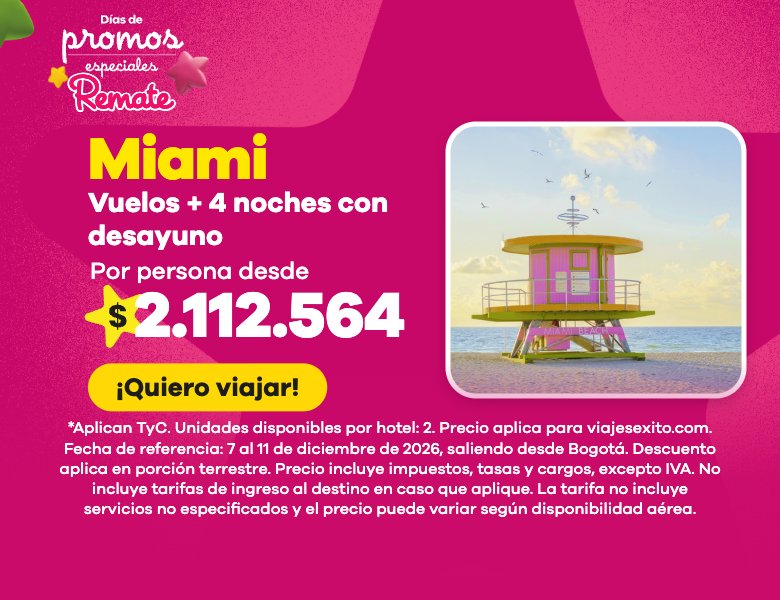 Días de promos especiales: paquete a Miami con desayuno incluido, vuelos y 4 noches en Floridian Hotel, por persona desde $2.112.564. (versión móvil)