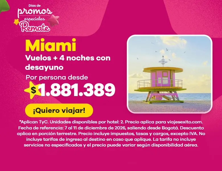 Días de promos especiales: paquete a Miami con desayuno incluido, vuelos y 4 noches en Floridian Hotel, por persona desde $1.881.389. (versión móvil)