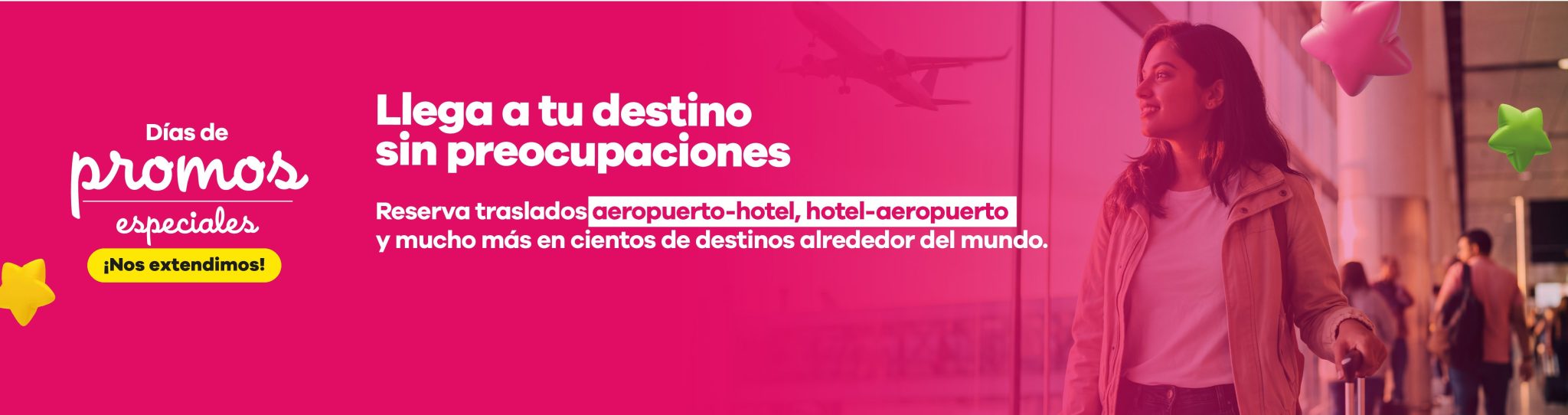 ¡Nos extendimos! Banner principal de la sección Traslados de Viajes Éxito