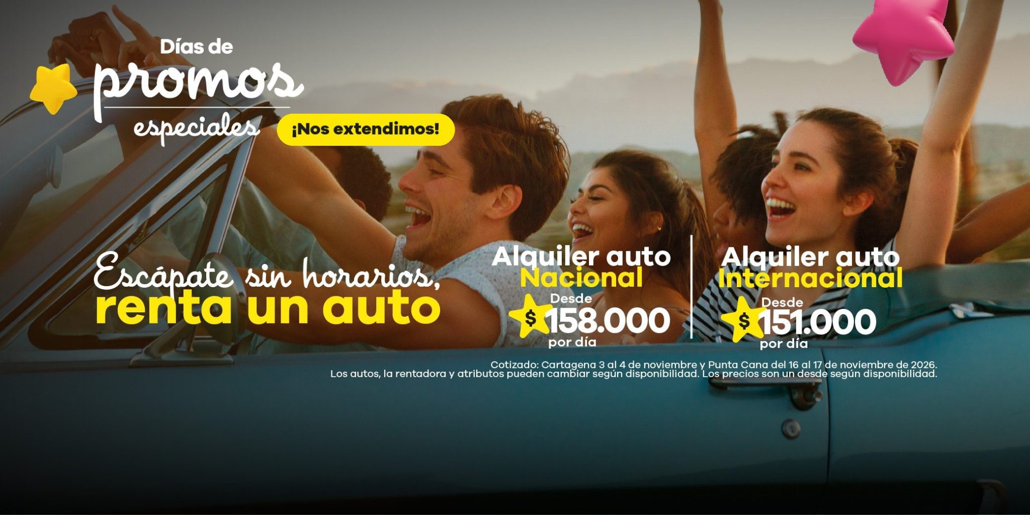 ¡Nos extendimos! Banner principal de la sección Carros de Viajes Éxito (versión móvil)