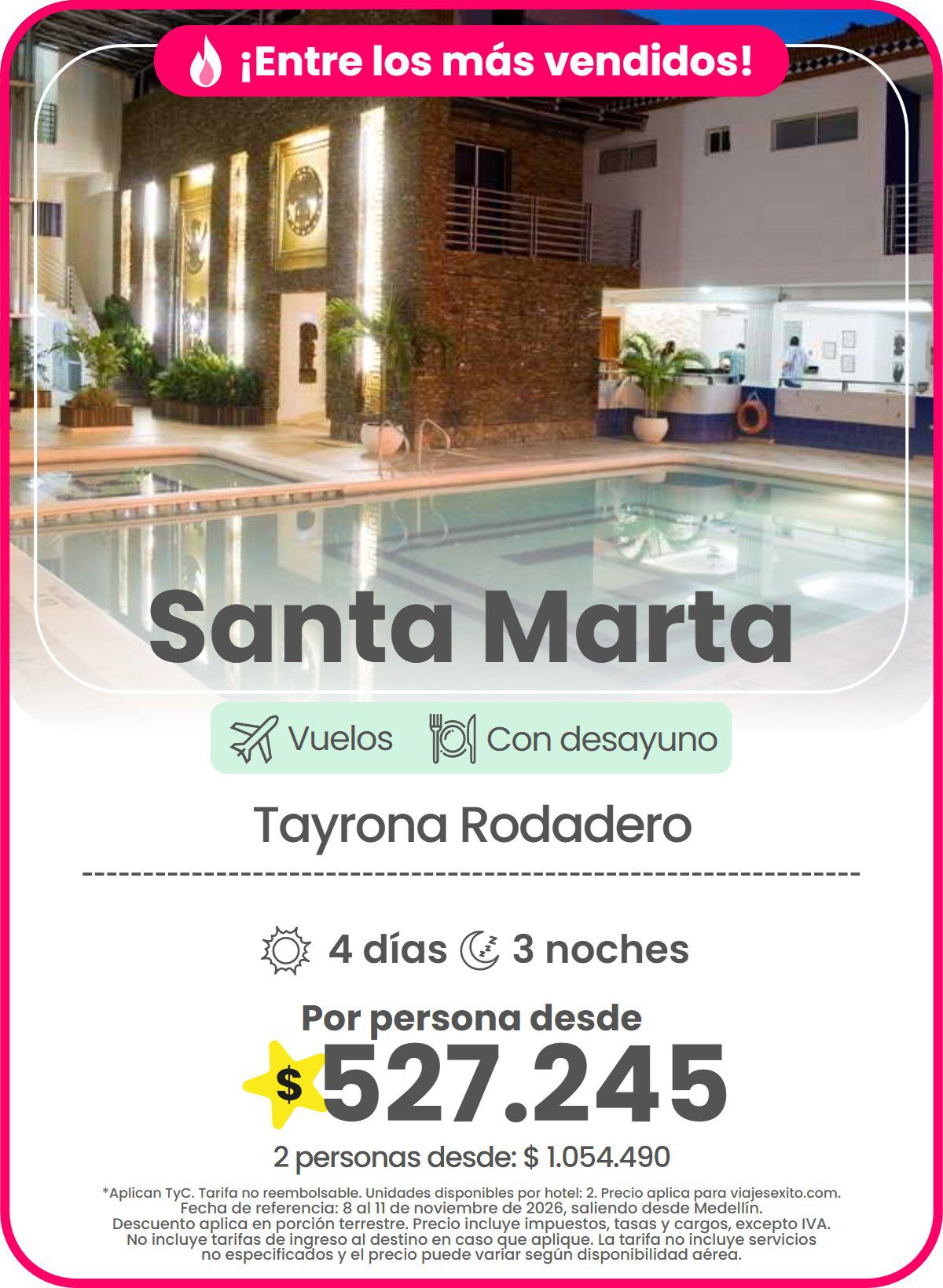 Paquete a Santa Marta: Tayrona Rodadero, con desayuno, 4 días y 3 noches con vuelos, por persona desde $527.245.