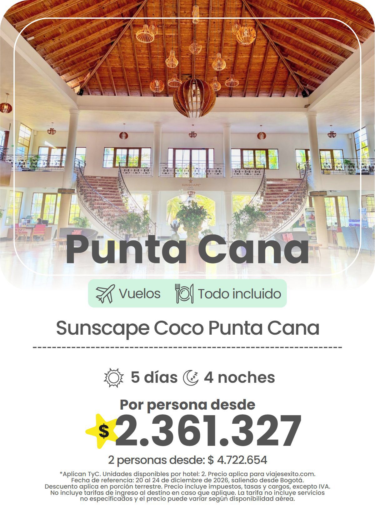 Paquete a Punta Cana: Sunscape Coco Punta Cana, todo incluido, 5 días y 4 noches con vuelos, por persona desde $2.361.327.