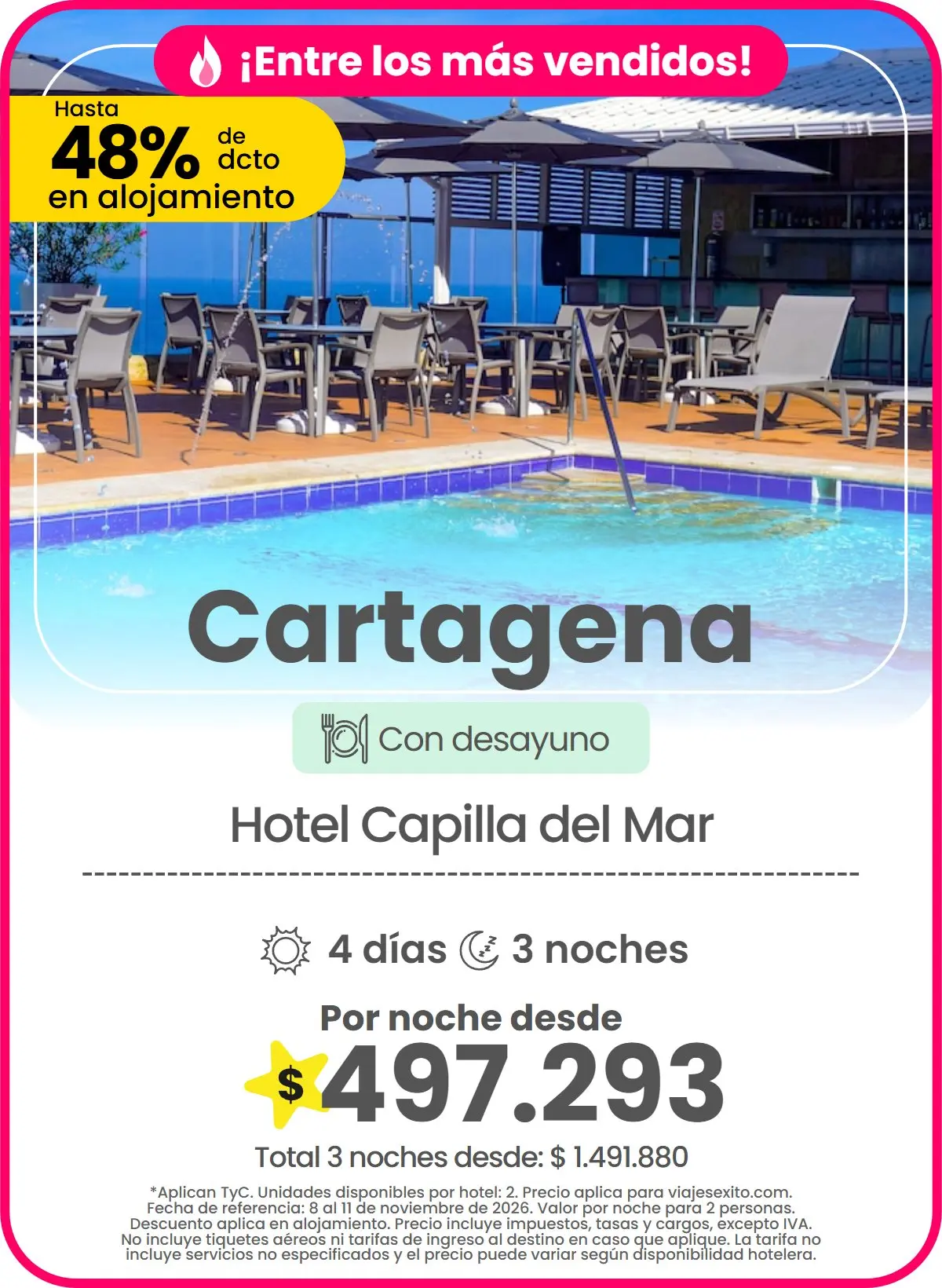 Hotel en Cartagena: Hotel Capilla del Mar, con desayuno, hasta 48% de descuento en alojamiento, 4 días y 3 noches, por noche desde $497.293.