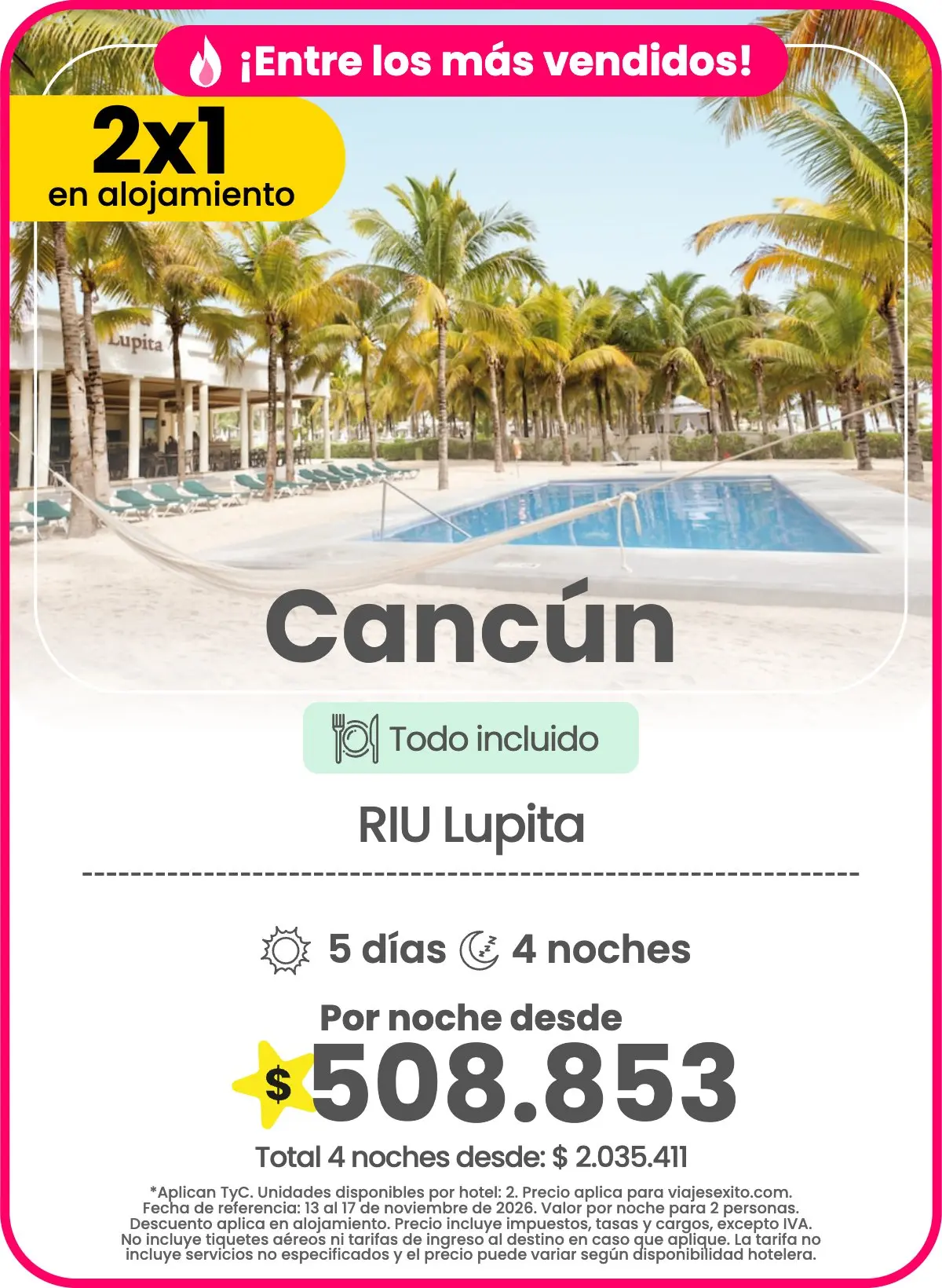 Hotel en Cancún: RIU Lupita, todo incluido, 2x1 en alojamiento, 5 días y 4 noches, por noche desde $508.853.