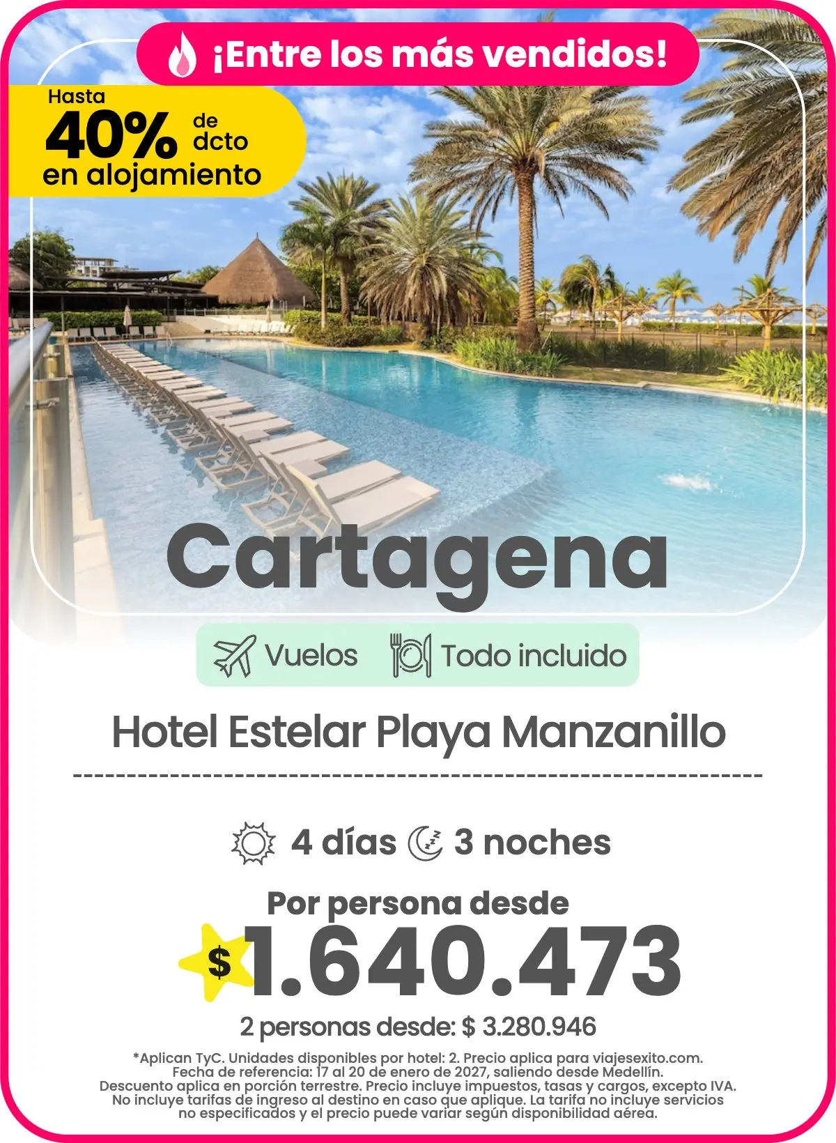 Tarjeta de oferta de viaje de Viajes Éxito