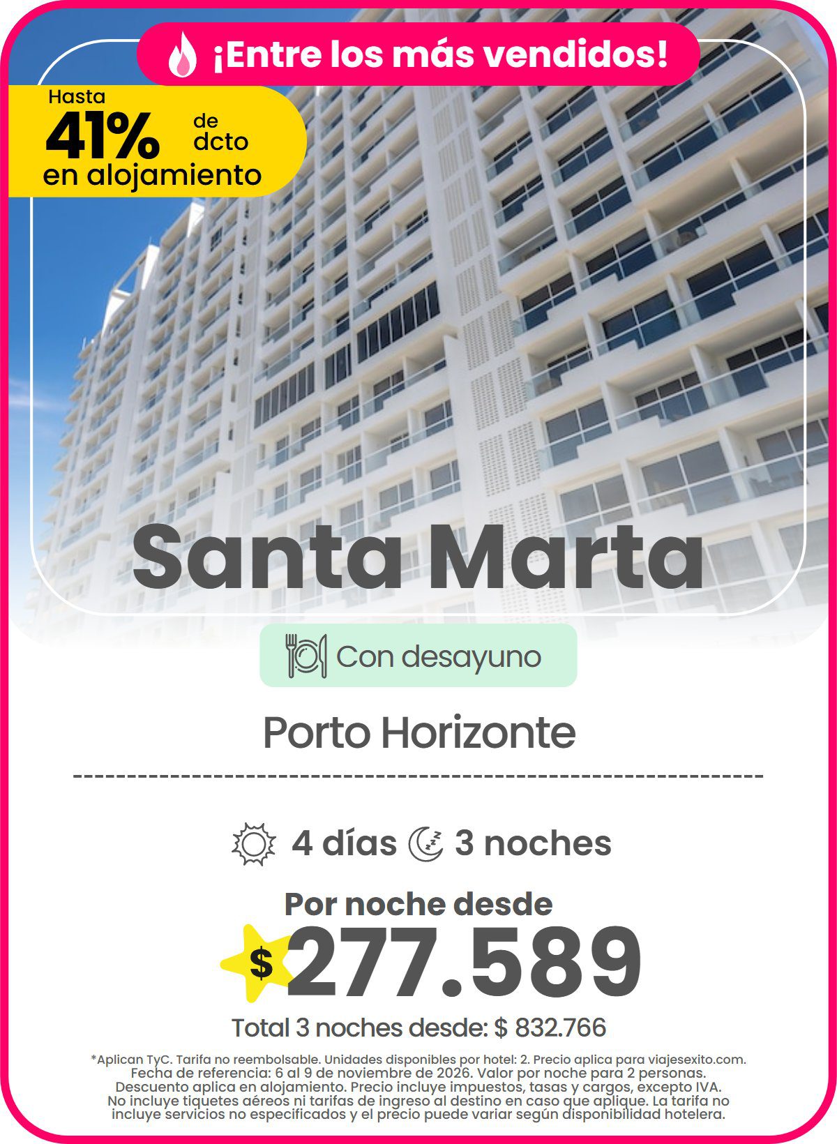 Hotel en Santa Marta: Porto Horizonte, con desayuno, hasta 41% de descuento en alojamiento, 4 días y 3 noches, por noche desde $277.589.