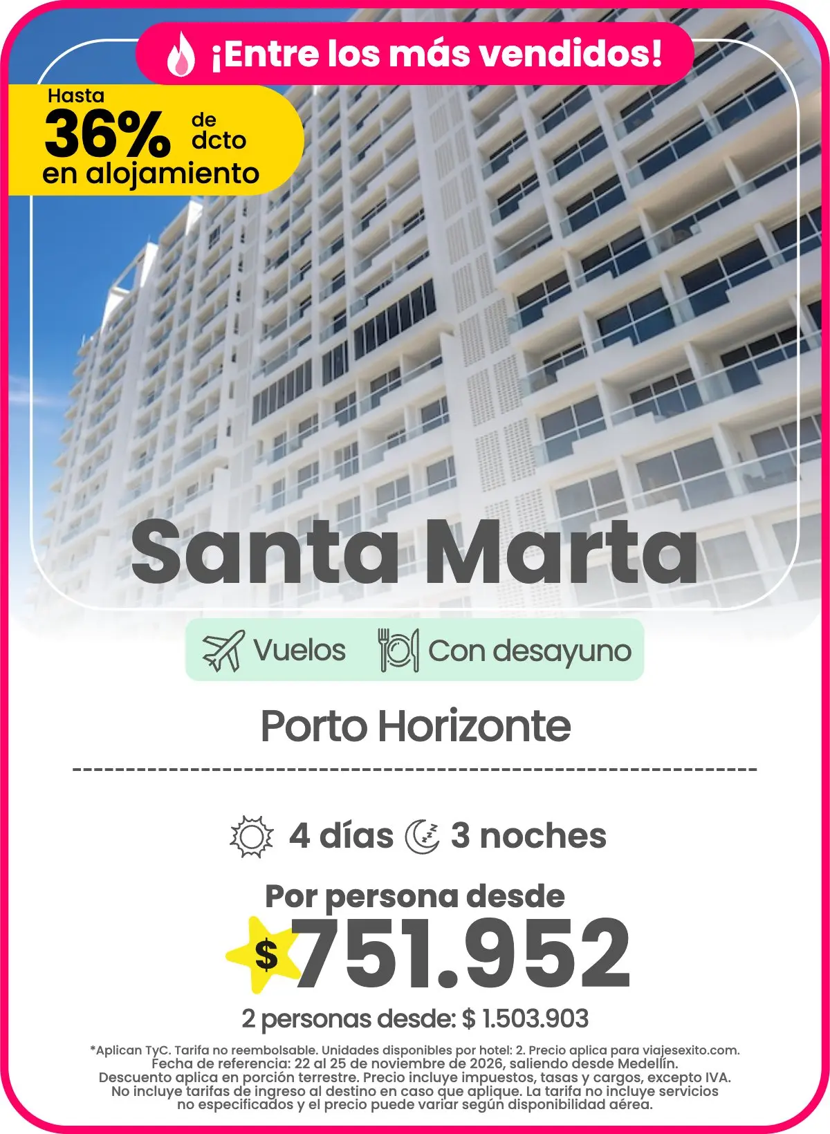 Tarjeta de oferta de viaje de Viajes Éxito