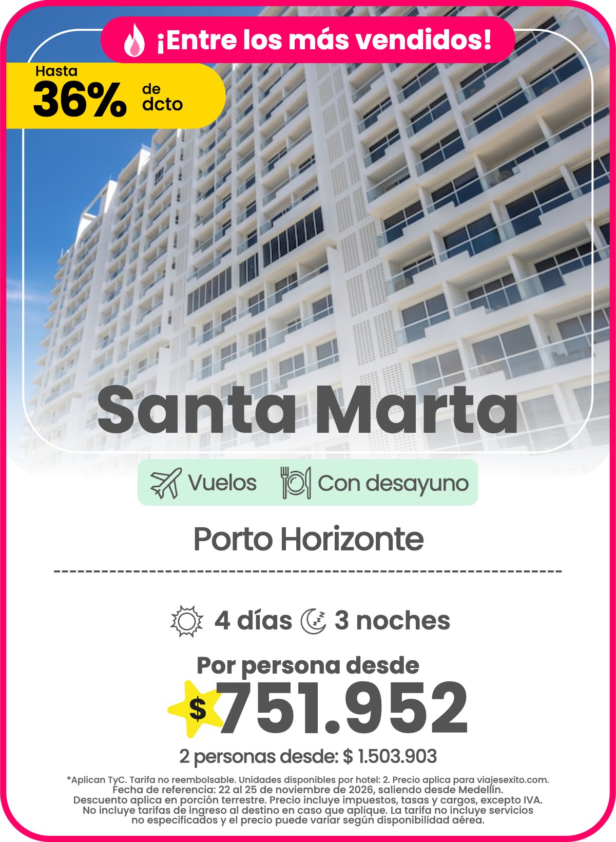 Paquete a Santa Marta: Porto Horizonte, con desayuno, 4 días y 3 noches con vuelos, 36% de descuento, por persona desde $751.952.