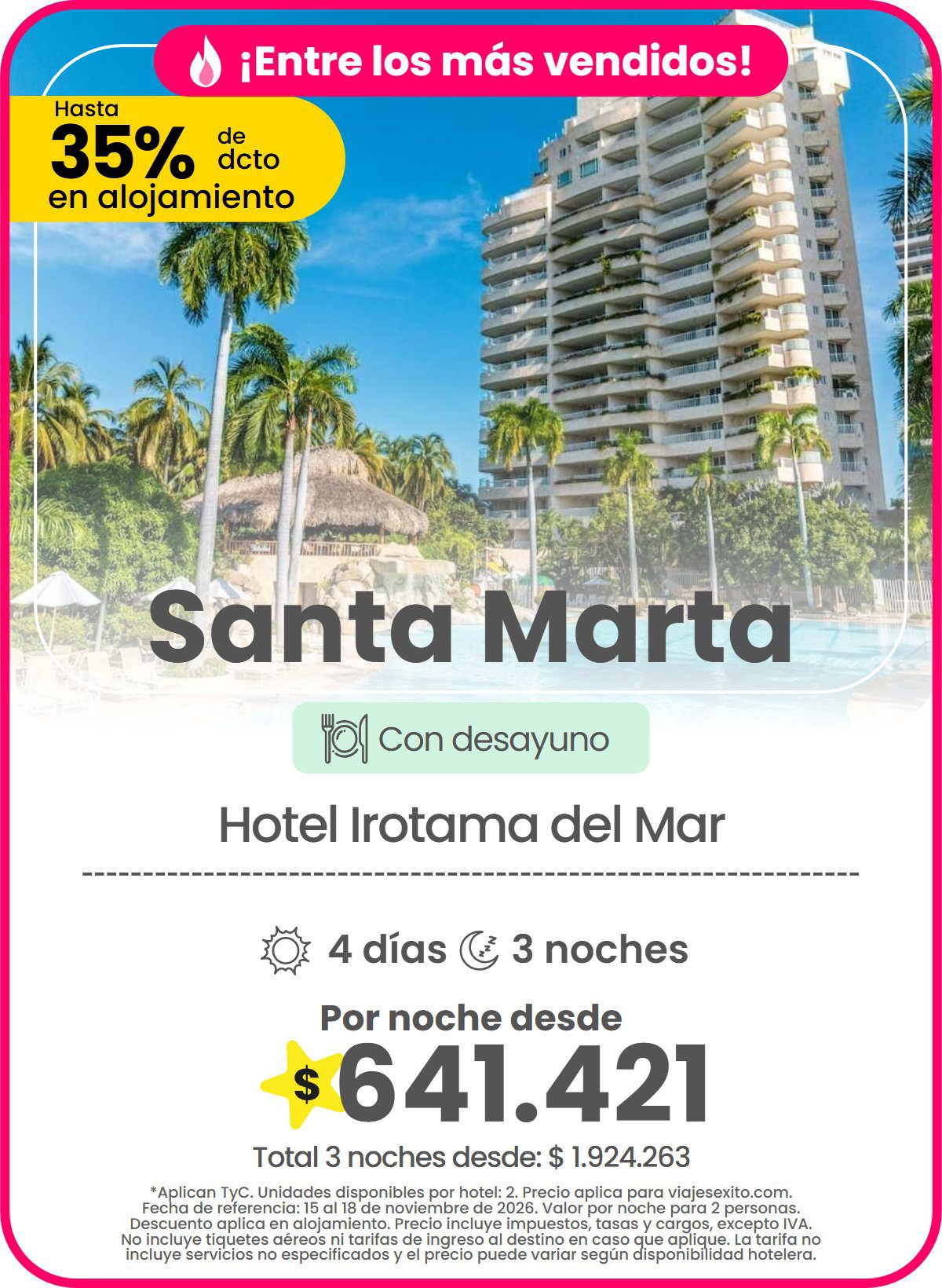 Hotel en Santa Marta: Hotel Irotama del Mar, con desayuno, hasta 35% de descuento en alojamiento, 4 días y 3 noches, por noche desde $641.421.