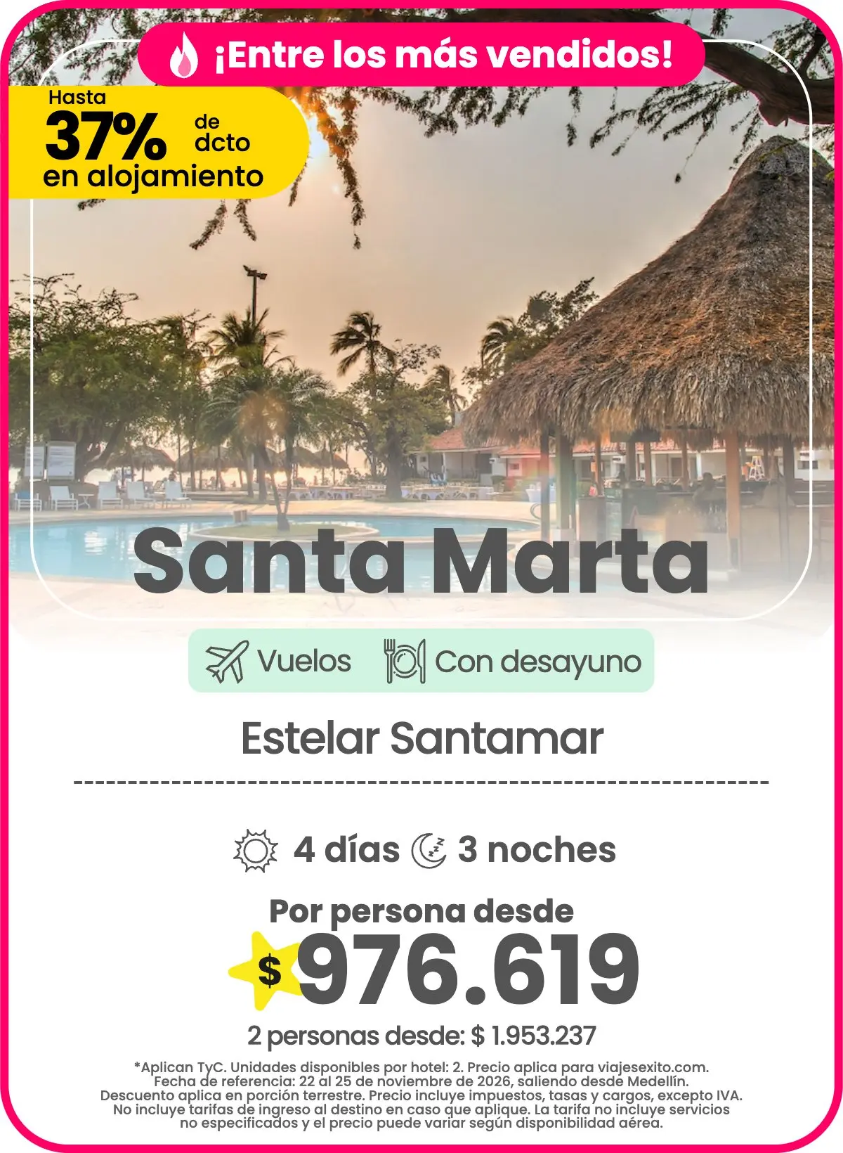 Tarjeta de oferta de viaje de Viajes Éxito