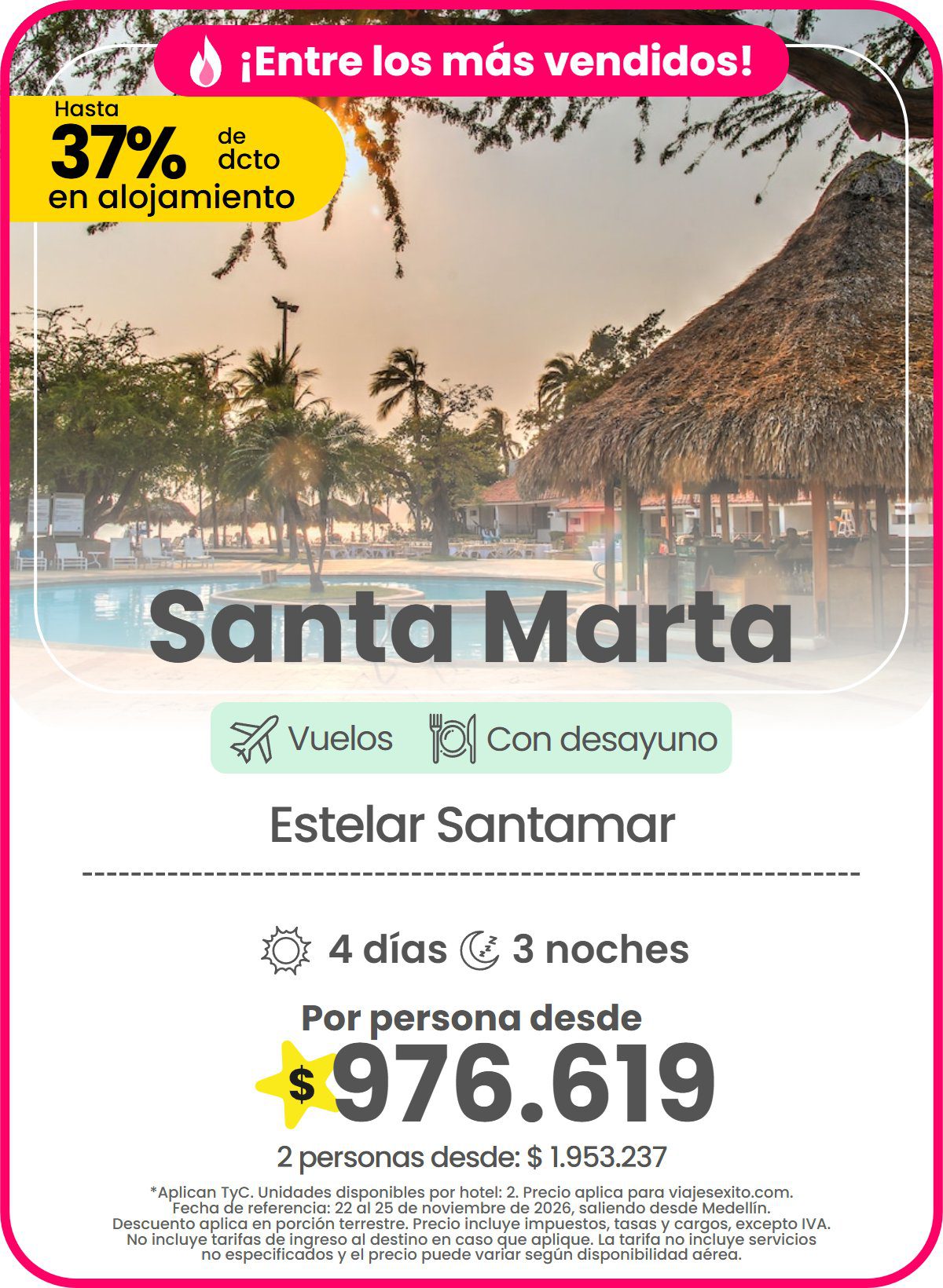 Paquete a Santa Marta: Estelar Santamar, con desayuno, 4 días y 3 noches con vuelos, hasta 37% de descuento en alojamiento, por persona desde $976.619.