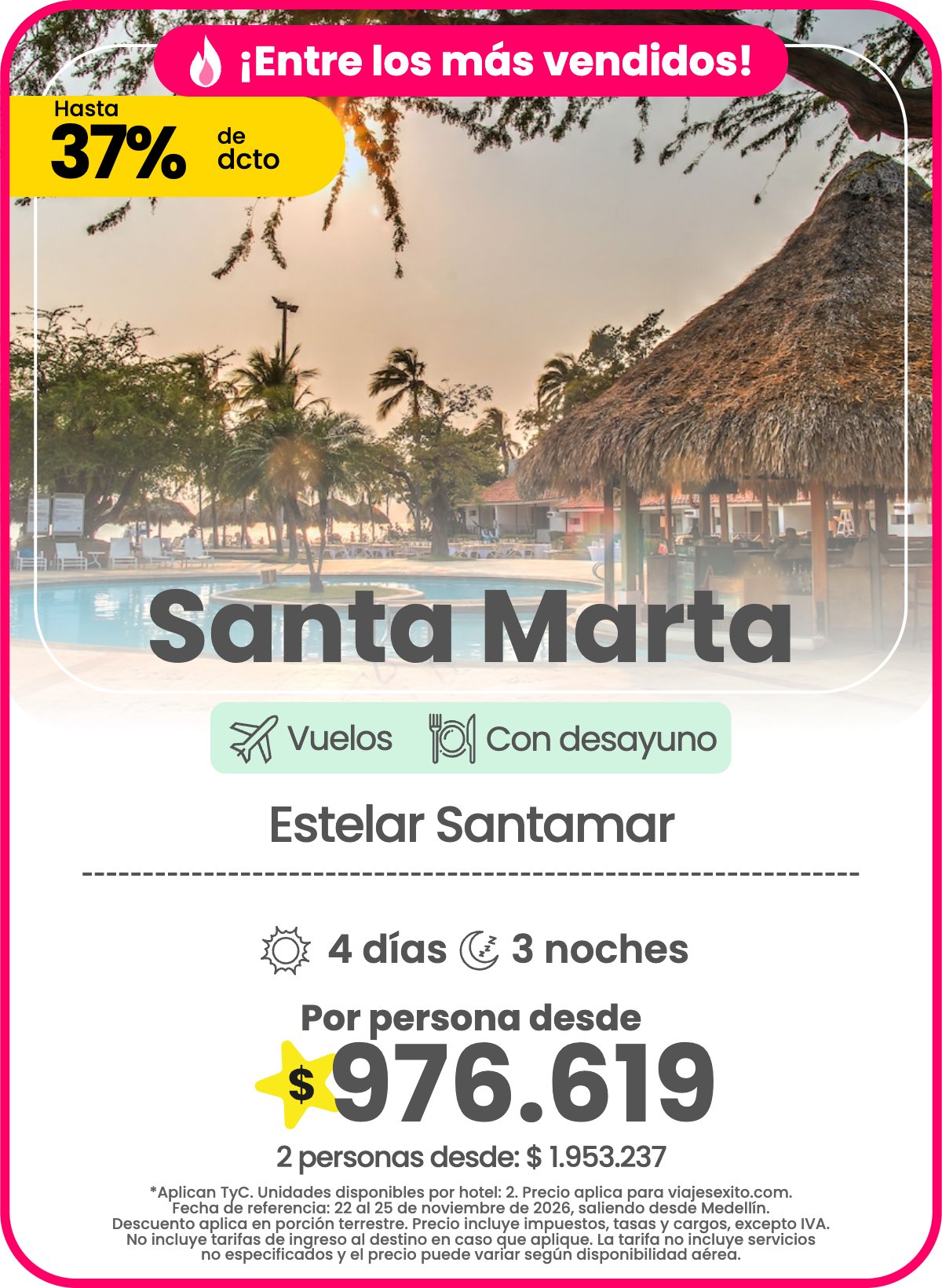 Paquete a Santa Marta: Estelar Santamar, con desayuno, 4 días y 3 noches con vuelos, 37% de descuento, por persona desde $976.619.