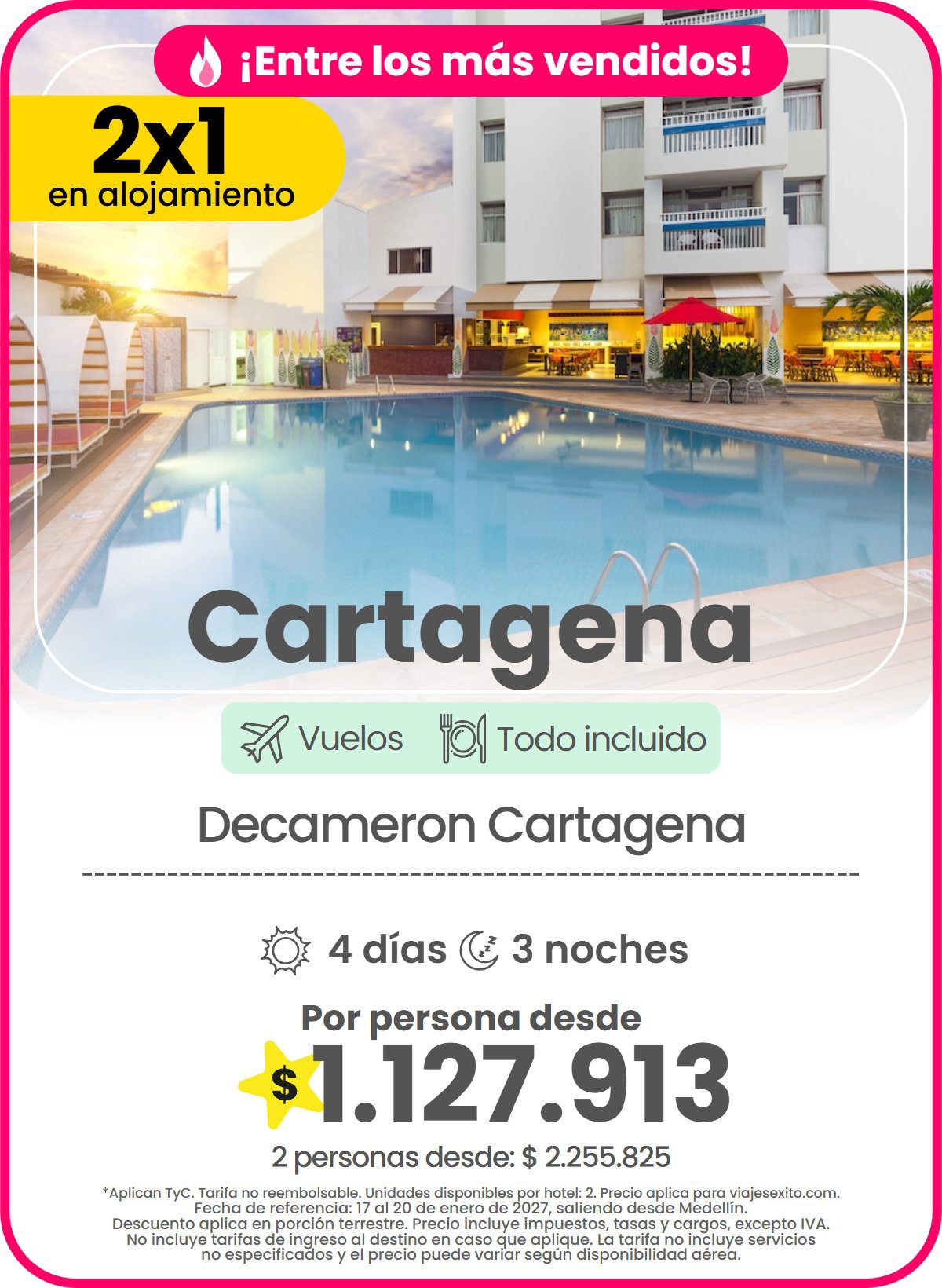 Paquete 2x1 en alojamiento a Cartagena: Decameron Cartagena, todo incluido, 4 días y 3 noches con vuelos, por persona desde $1.127.913.