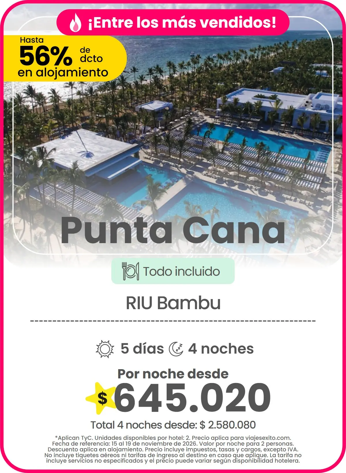 Hotel en Punta Cana: RIU Bambu, todo incluido, hasta 56% de descuento en alojamiento, 5 días y 4 noches, por noche desde $645.020.