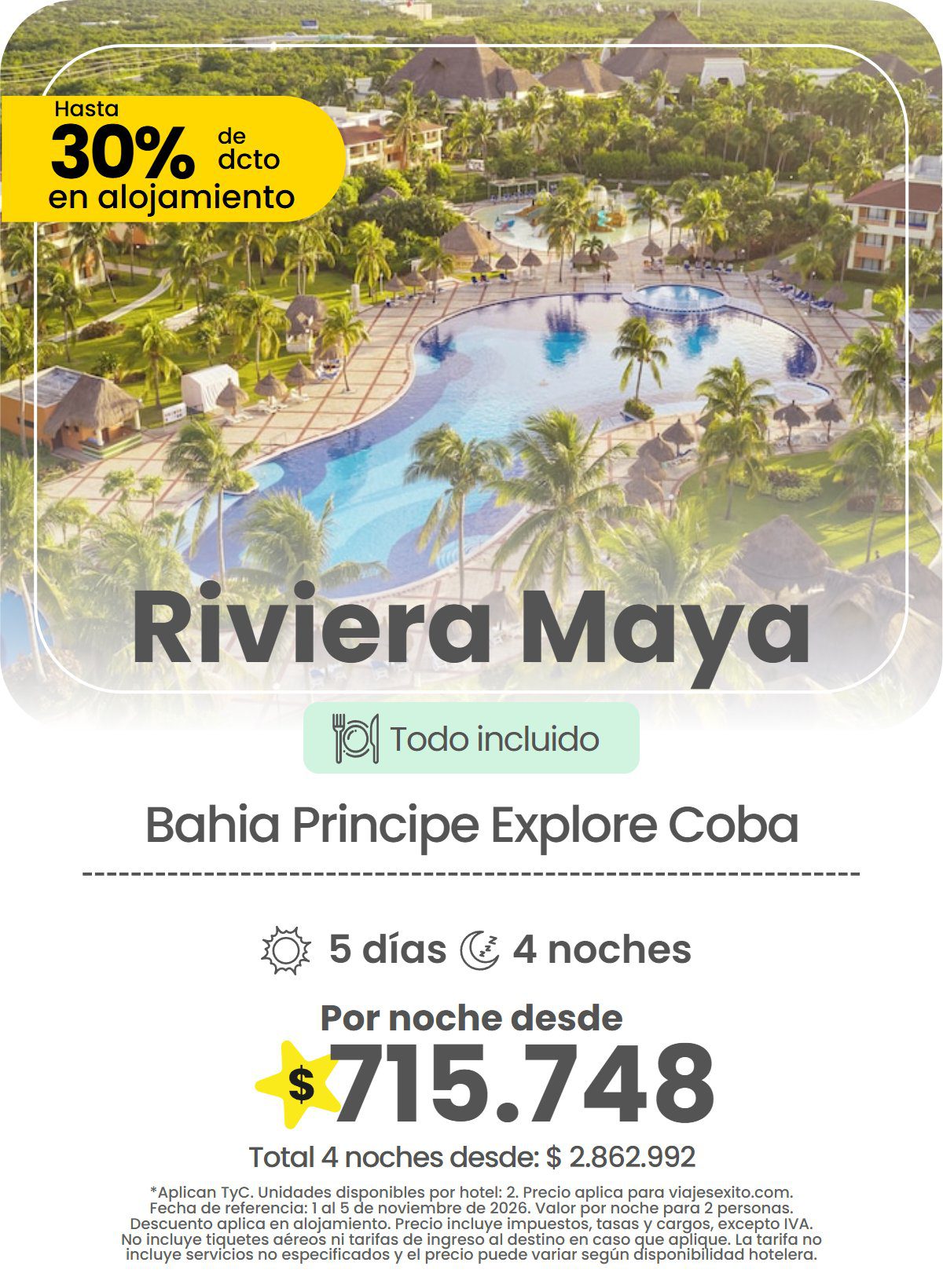 Hotel en Riviera Maya: Bahia Principe Explore Coba, todo incluido, hasta 30% de descuento en alojamiento, 5 días y 4 noches, por noche desde $715.748.