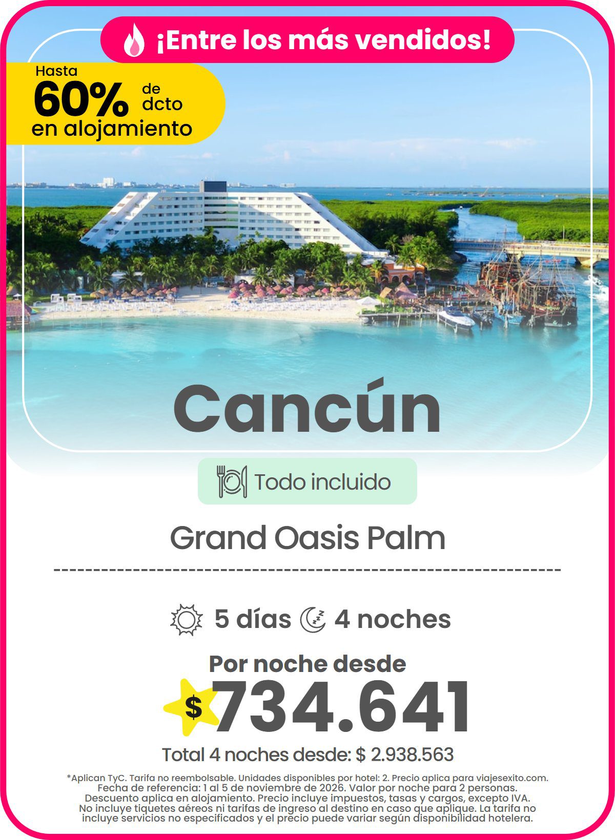 Hotel en Cancún: Grand Oasis Palm, todo incluido, hasta 60% de descuento en alojamiento, 5 días y 4 noches, por noche desde $734.641.