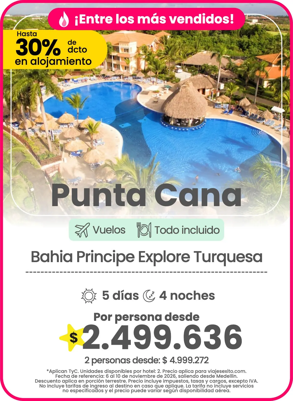 Tarjeta de oferta de viaje de Viajes Éxito