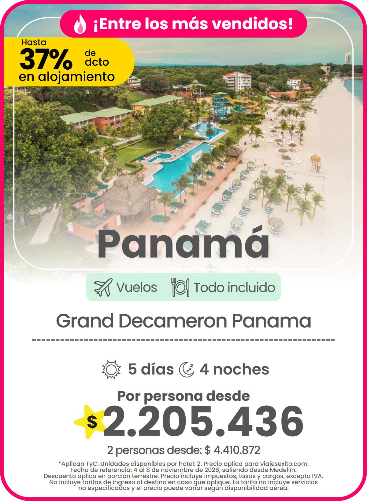 Paquete a Panamá: Grand Decameron Panama, todo incluido, 5 días y 4 noches con vuelos, hasta 37% de descuento en alojamiento, por persona desde $2.205.436.