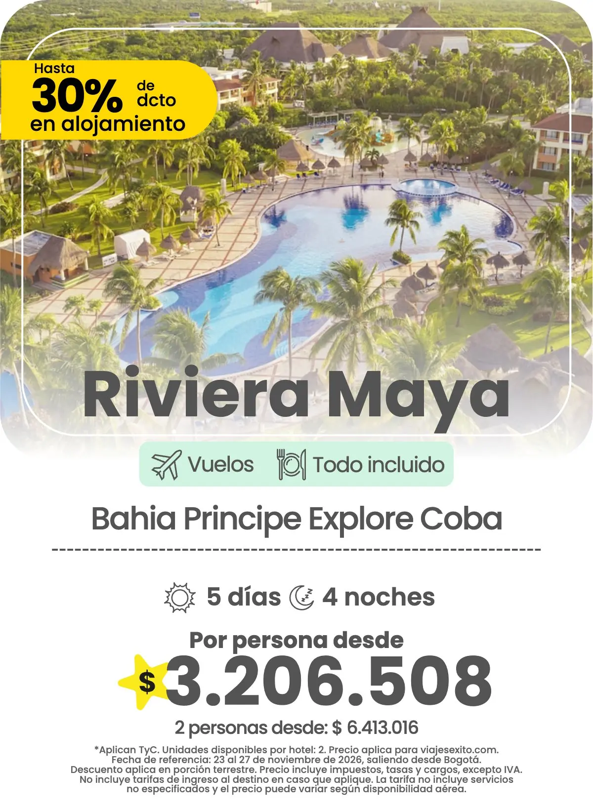 Tarjeta de oferta de viaje de Viajes Éxito