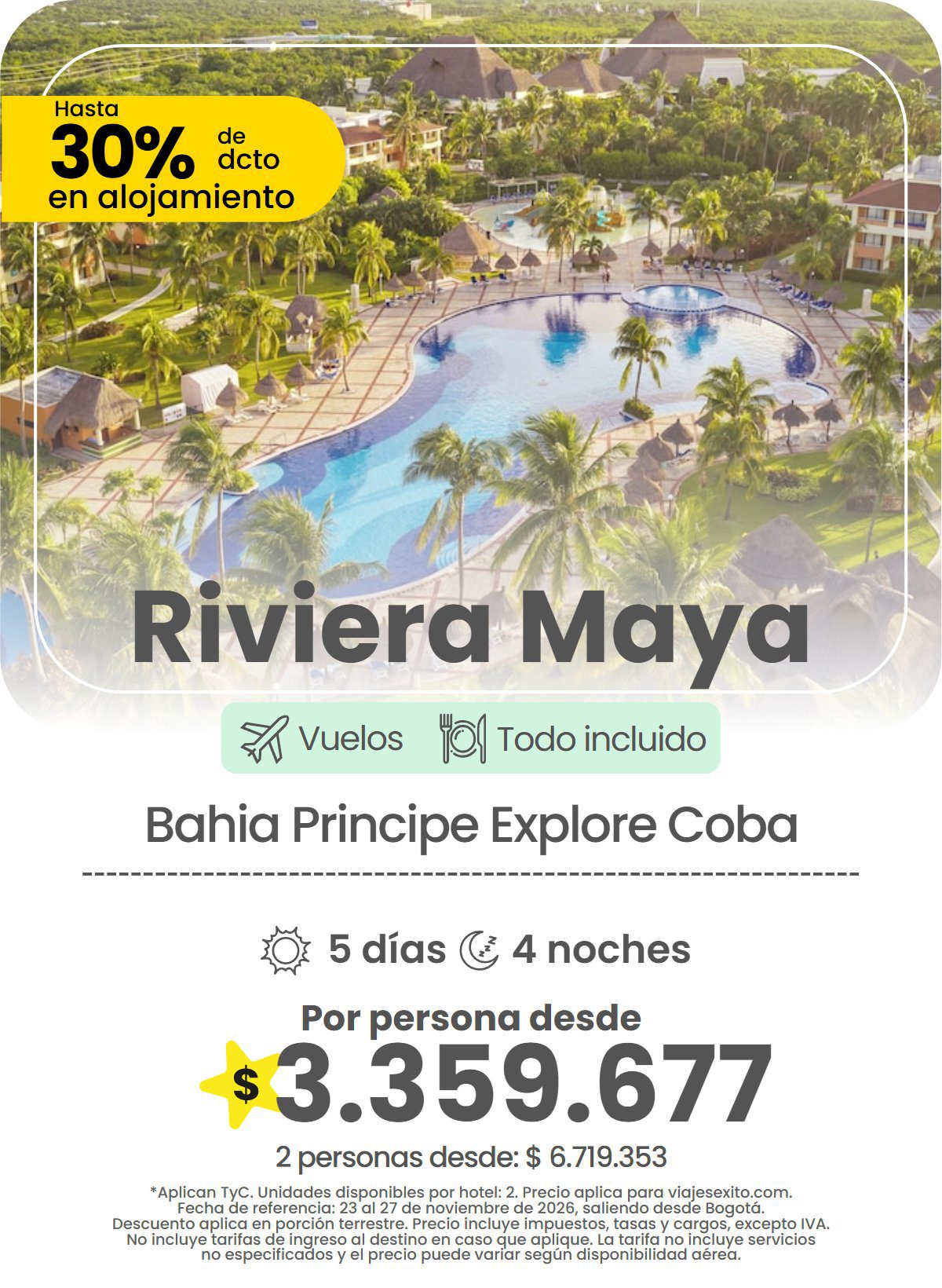 Paquete a Riviera Maya: Bahia Principe Explore Coba, todo incluido, 5 días y 4 noches con vuelos, hasta 30% de descuento en alojamiento, por persona desde $3.359.677.