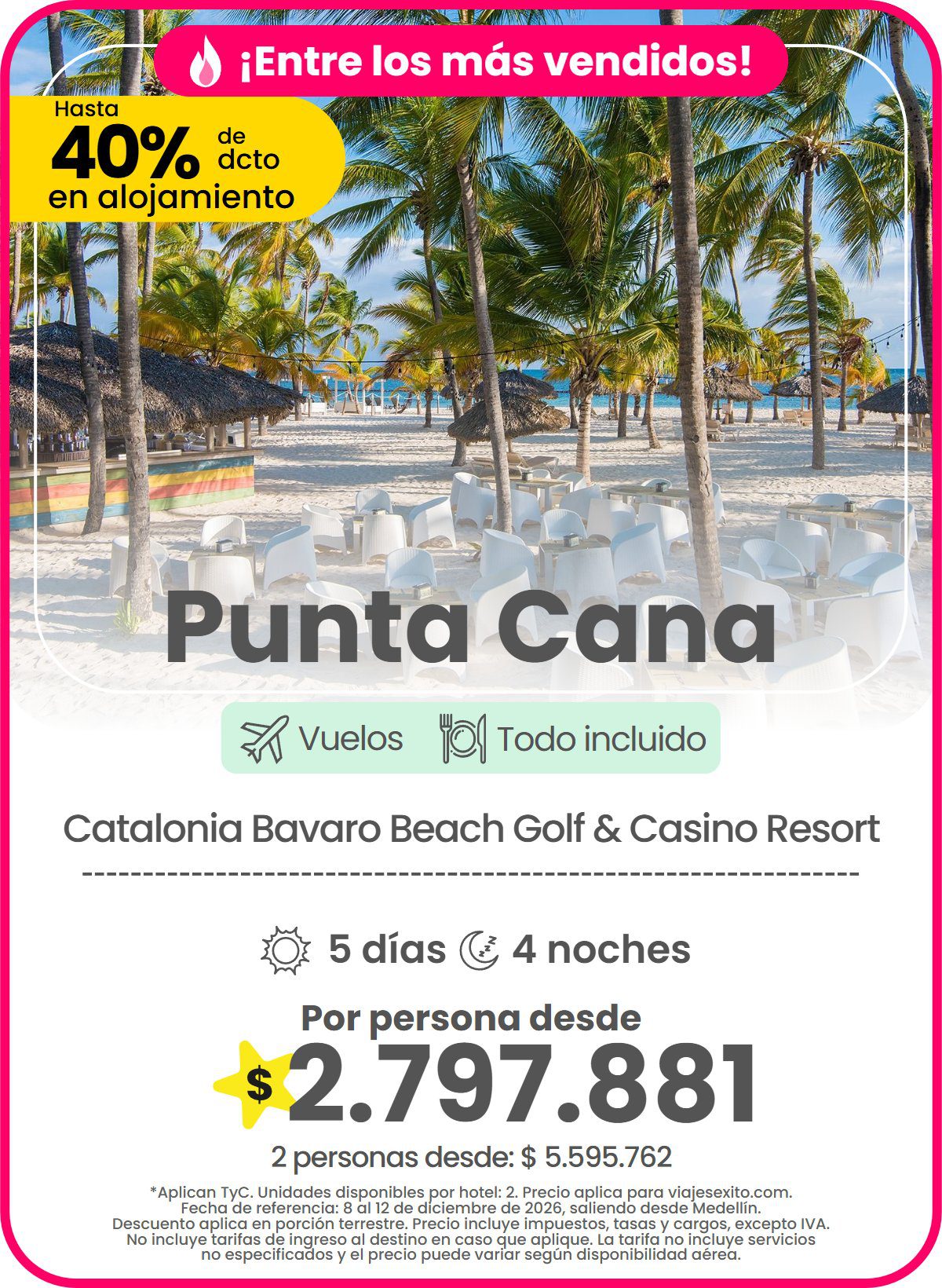 Paquete a Punta Cana: Catalonia Bavaro Beach Golf & Casino Resort, todo incluido, 5 días y 4 noches con vuelos, hasta 40% de descuento en alojamiento, por persona desde $2.797.881.