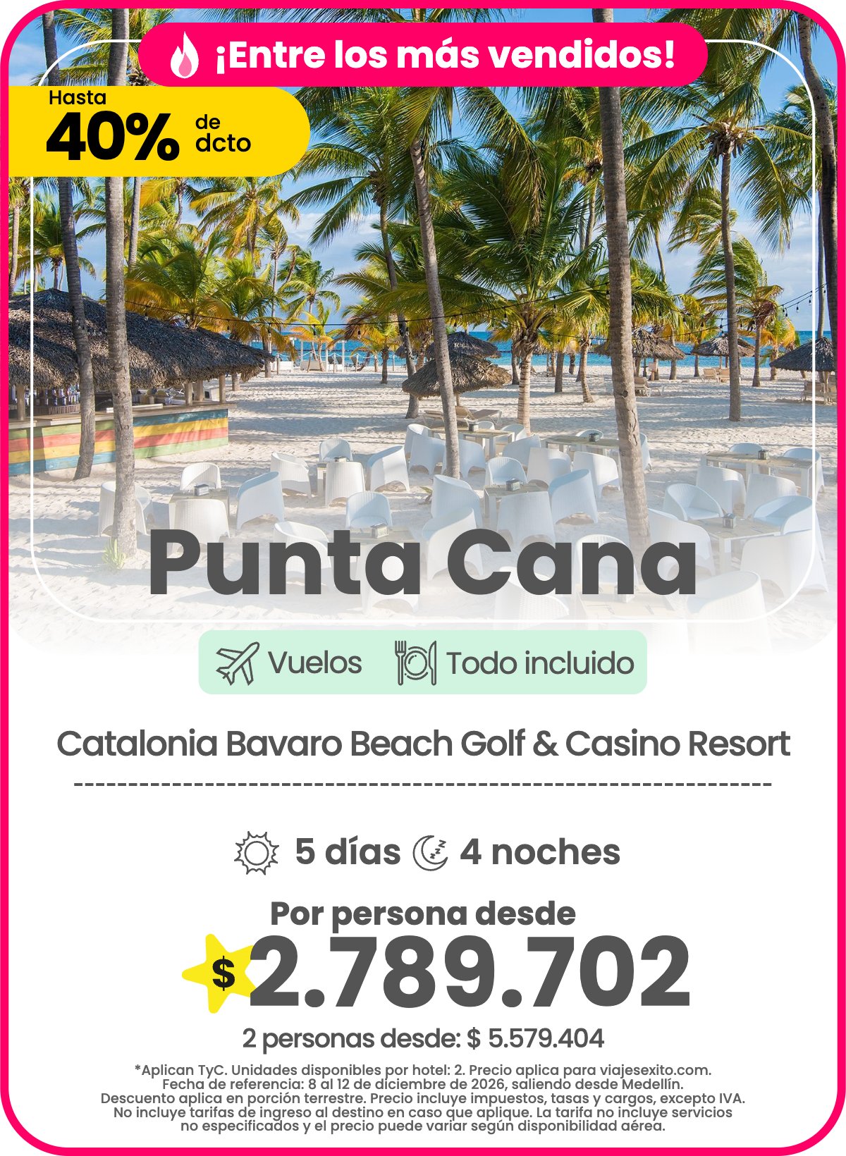 Paquete a Punta Cana: Catalonia Bavaro Beach Golf & Casino Resort, todo incluido, 5 días y 4 noches con vuelos, 40% de descuento, por persona desde $2.789.702.