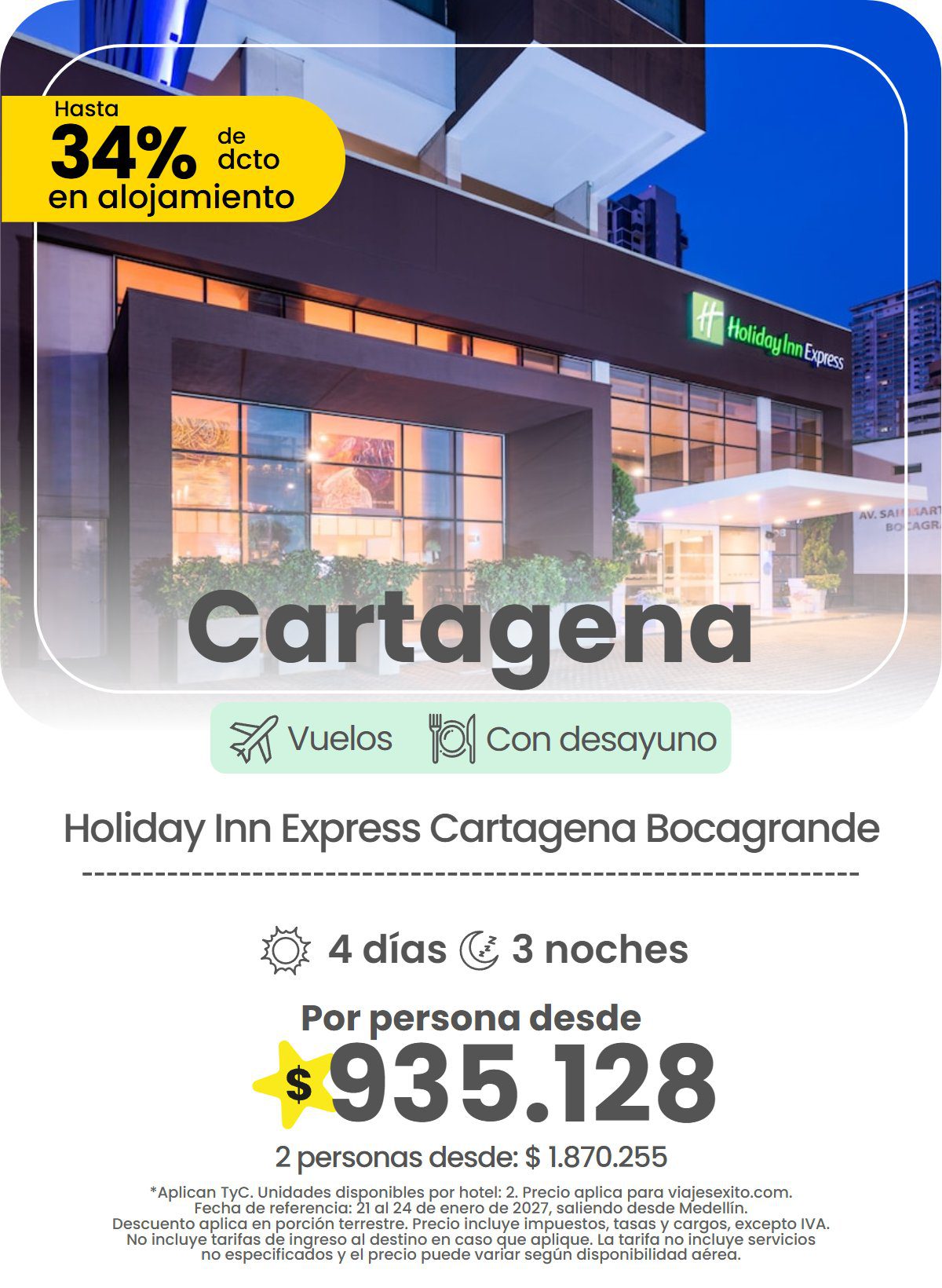 Paquete a Cartagena: Holiday Inn Express Cartagena Bocagrande, con desayuno, 4 días y 3 noches con vuelos, hasta 34% de descuento en alojamiento, por persona desde $935.128.